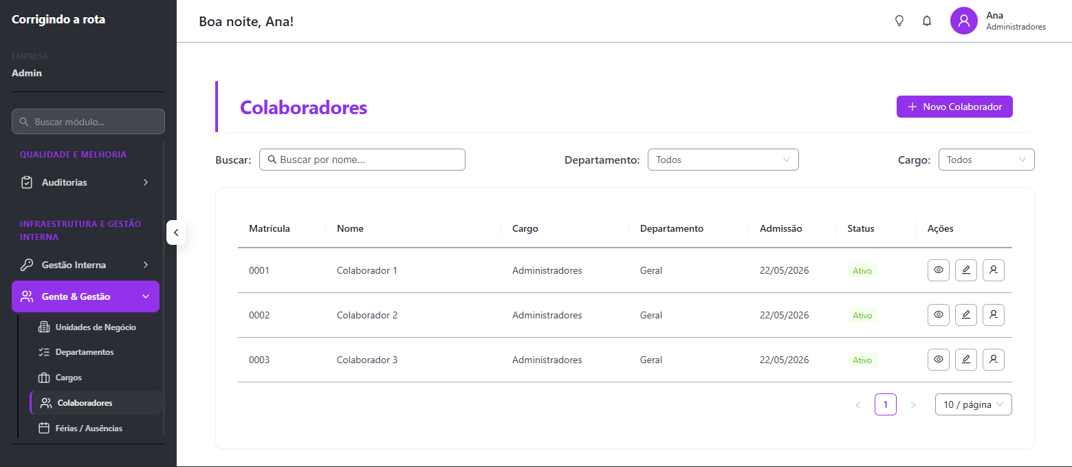 Tela de Colaboradores do ERP, com matrícula, nome, cargo, departamento, data de admissão e status de cada pessoa