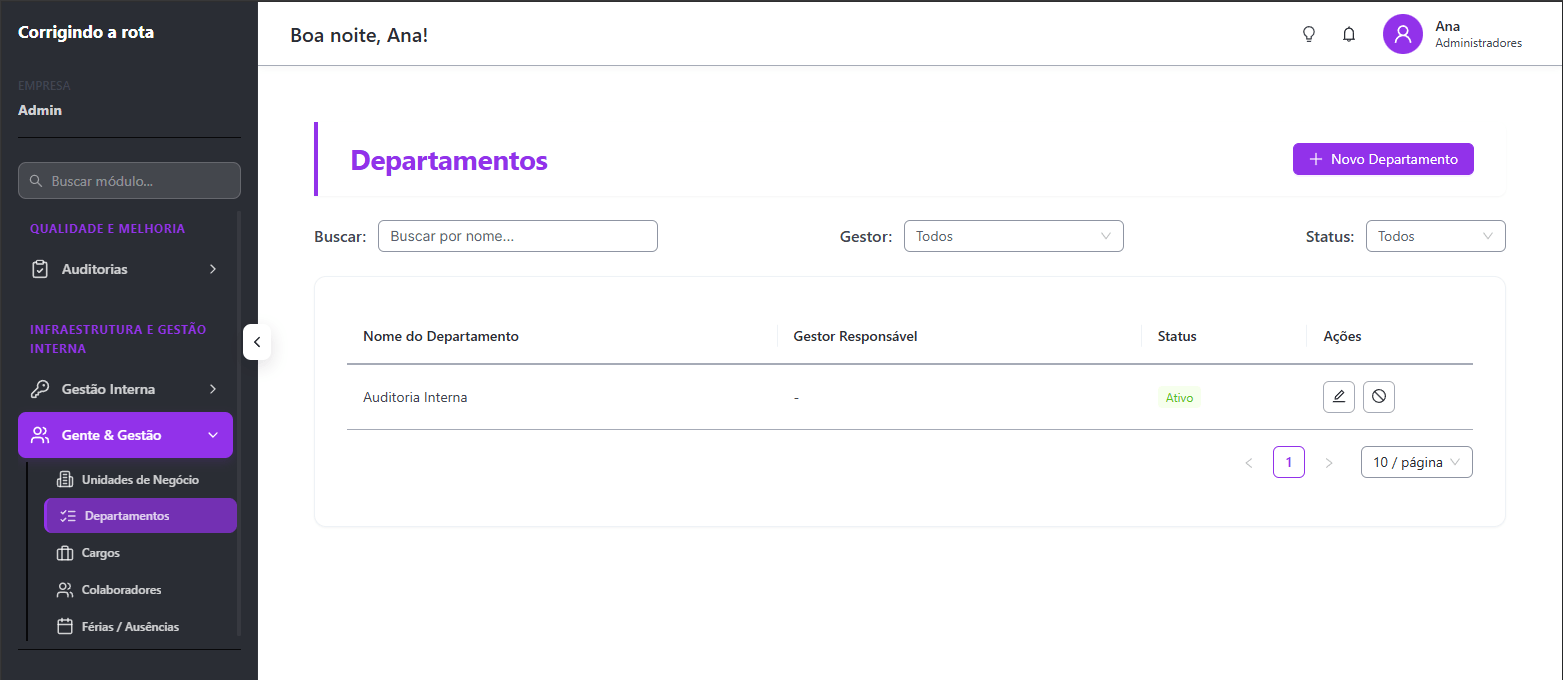 Tela de Departamentos do ERP, com nome do departamento, gestor responsável e status