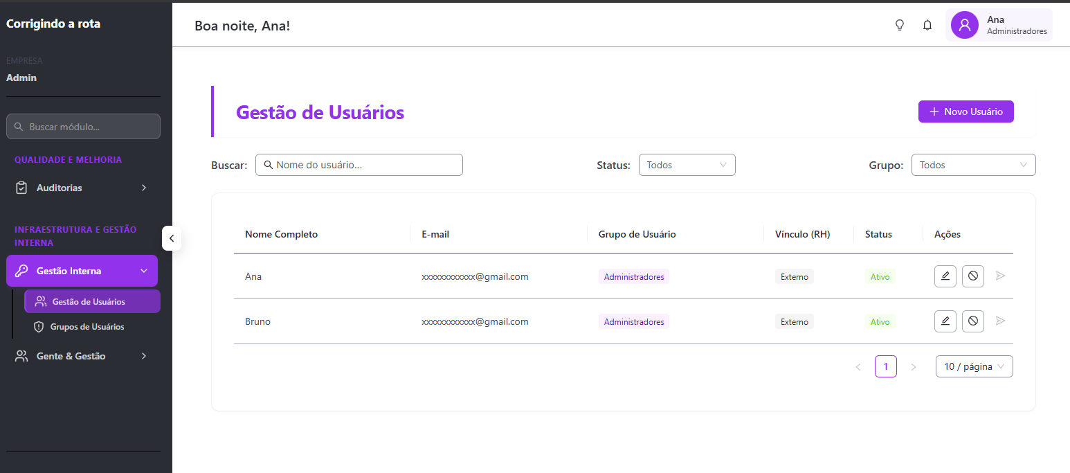 Tela de Gestão de Usuários do ERP, com grupo de usuário, vínculo com RH e status de acesso
