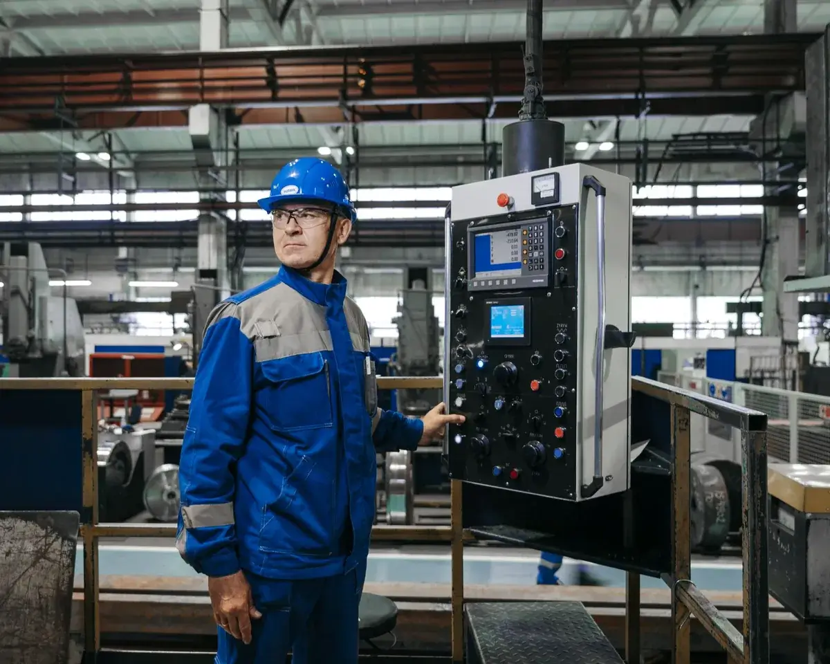 Homem de capacete e uniforme, sério, com a mão no painel de comando de uma máquina no meio da fábrica